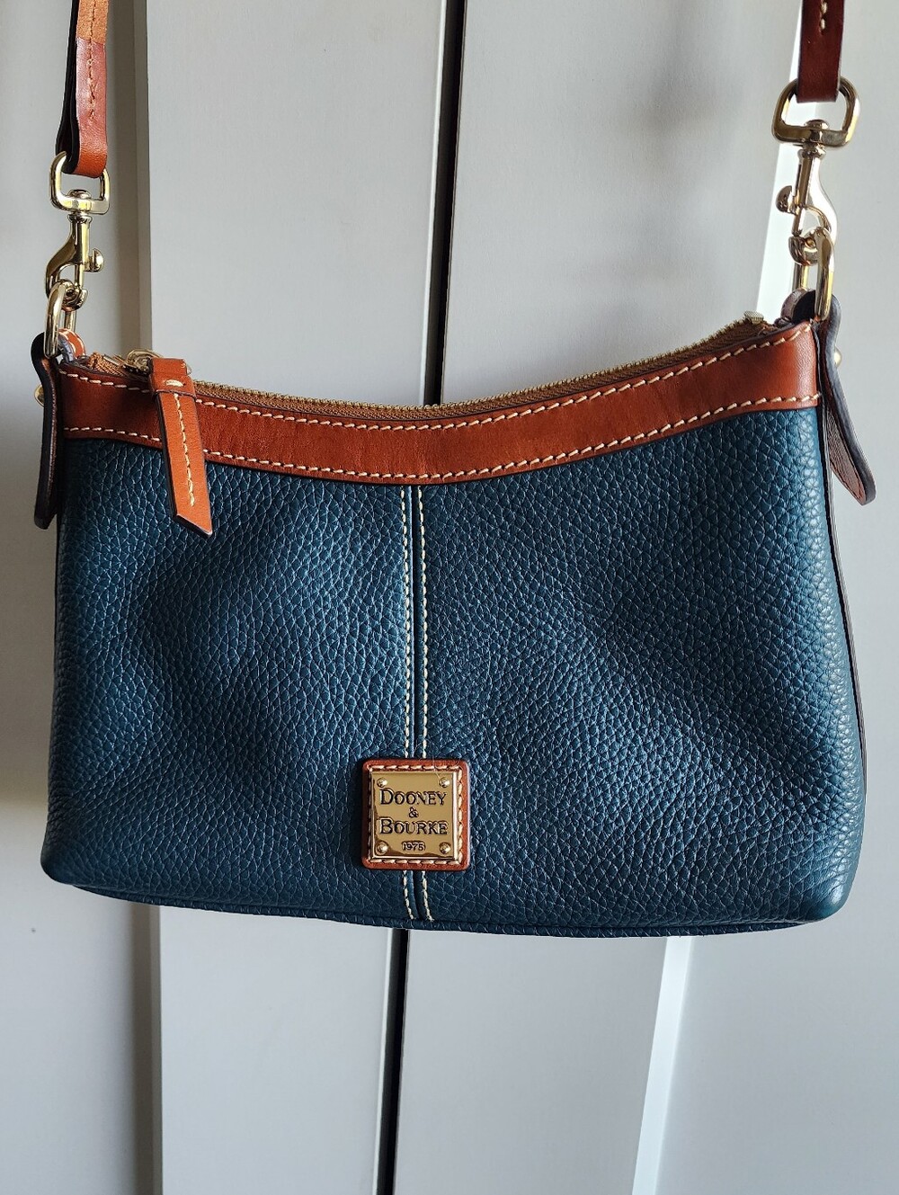 Dooney & Bourke Teal Pebble Leather Crossbody with Brown Trim